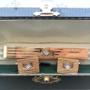 Vintage Men's Designer HAYWARD 14K Yellow Gold Diamond Cufflinks Tie Clip Set